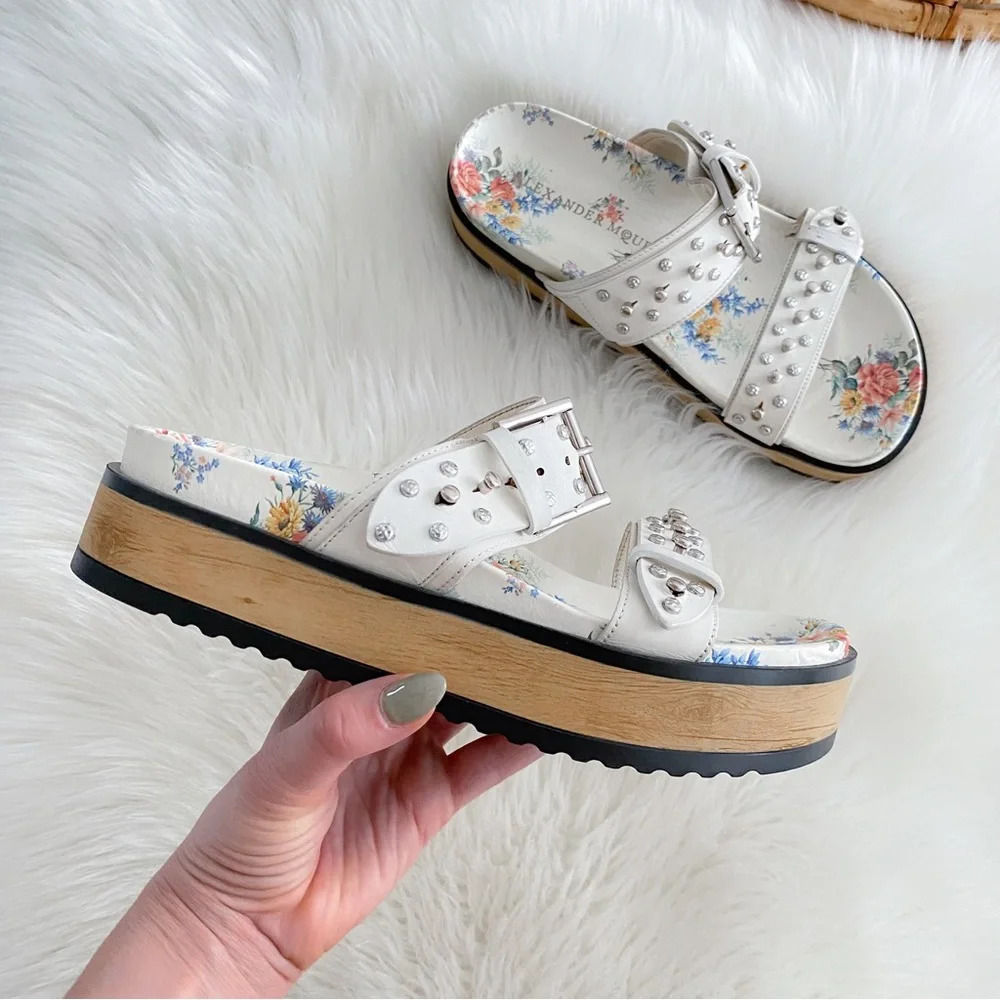 Alexander McQueen Platform Sandals Slides Studded Cream Leather Flower Print